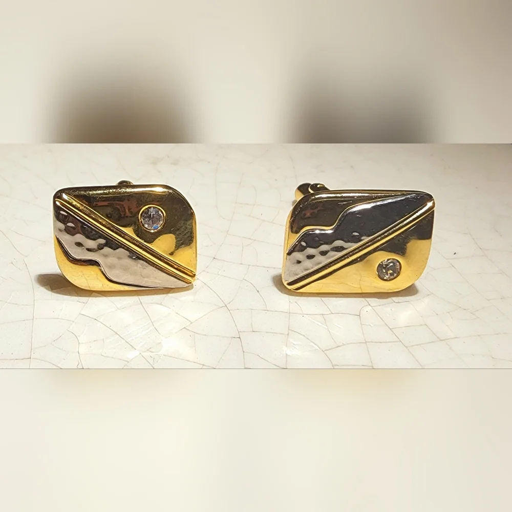 Vintage NWOT gold and silver with clear stones cufflinks, art deco